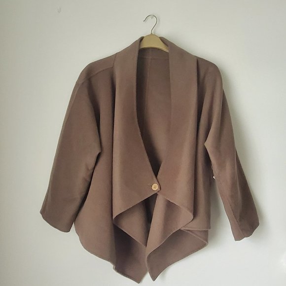 Women's Wool Overcoat Cape Drapey Taupe Olive Cozy Comfy Boho Dressy One Size - Picture 4 of 14